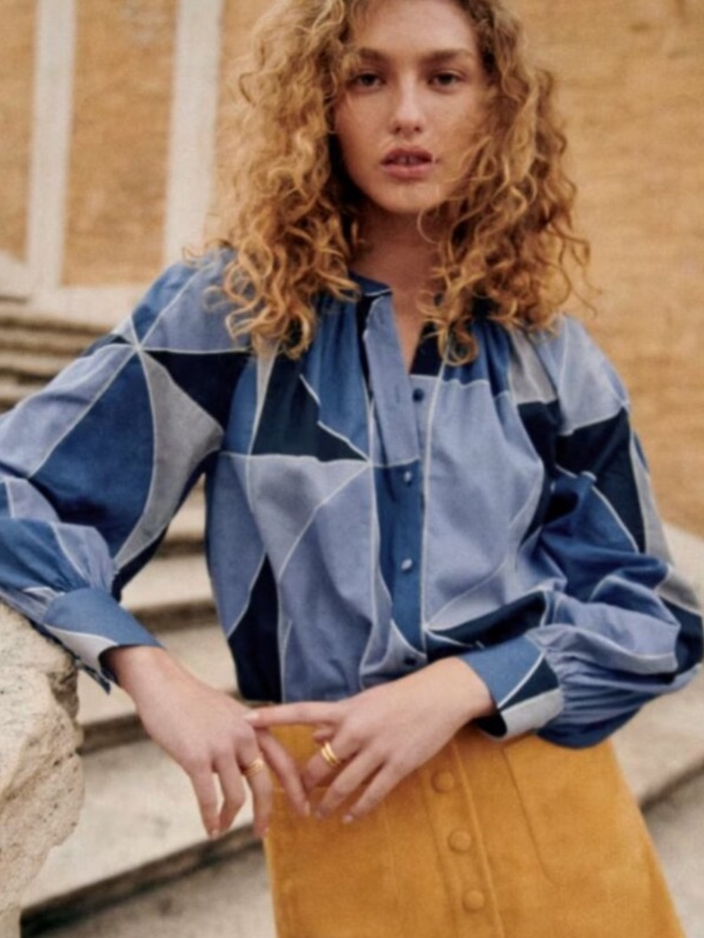 Sézane Blue Geometric Button-Front Blouse